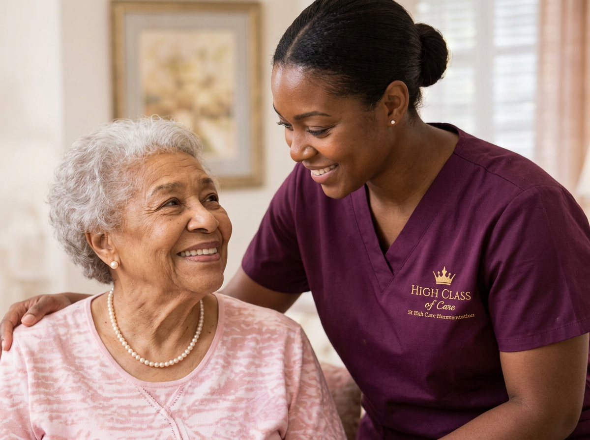 A High Class of Care caregiver smiling with a resident at home
