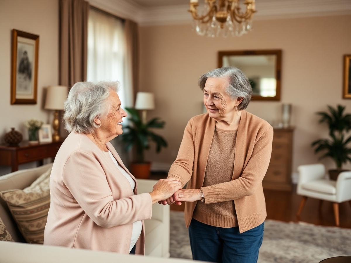 An adult daughter holding hands with her mother during a family visit
