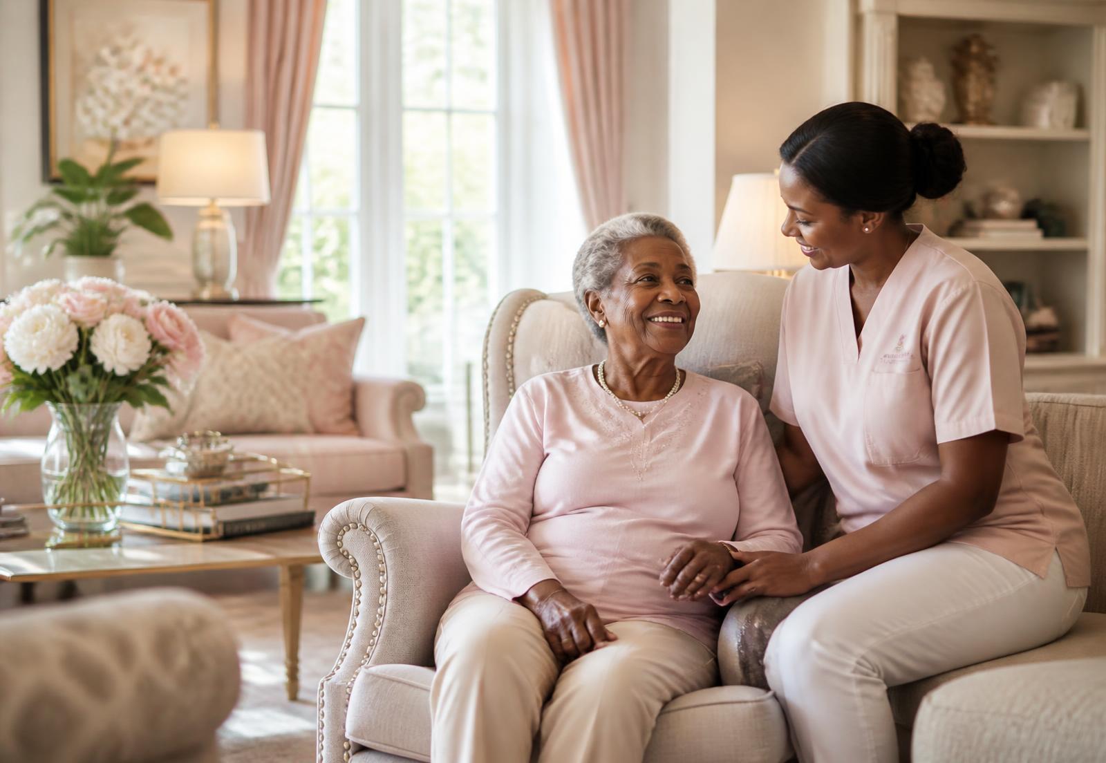 Caregiver visiting with a resident in an elegant, sunlit living room